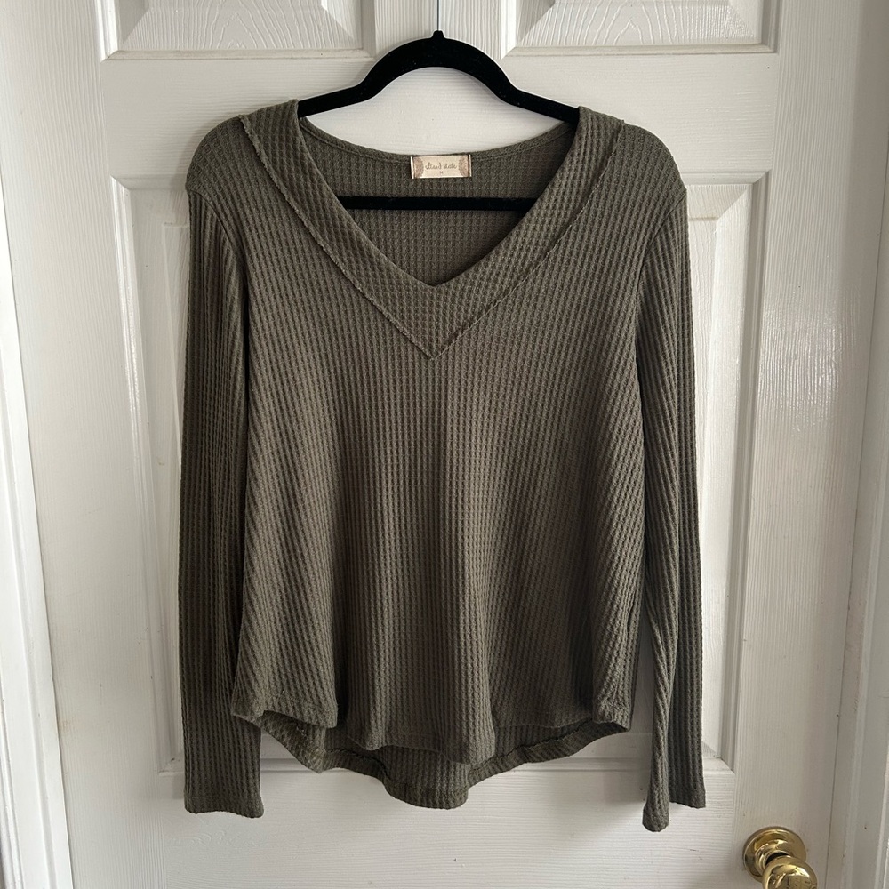 Altar'd State Olive Waffle V-Neck Long Sleeve Top